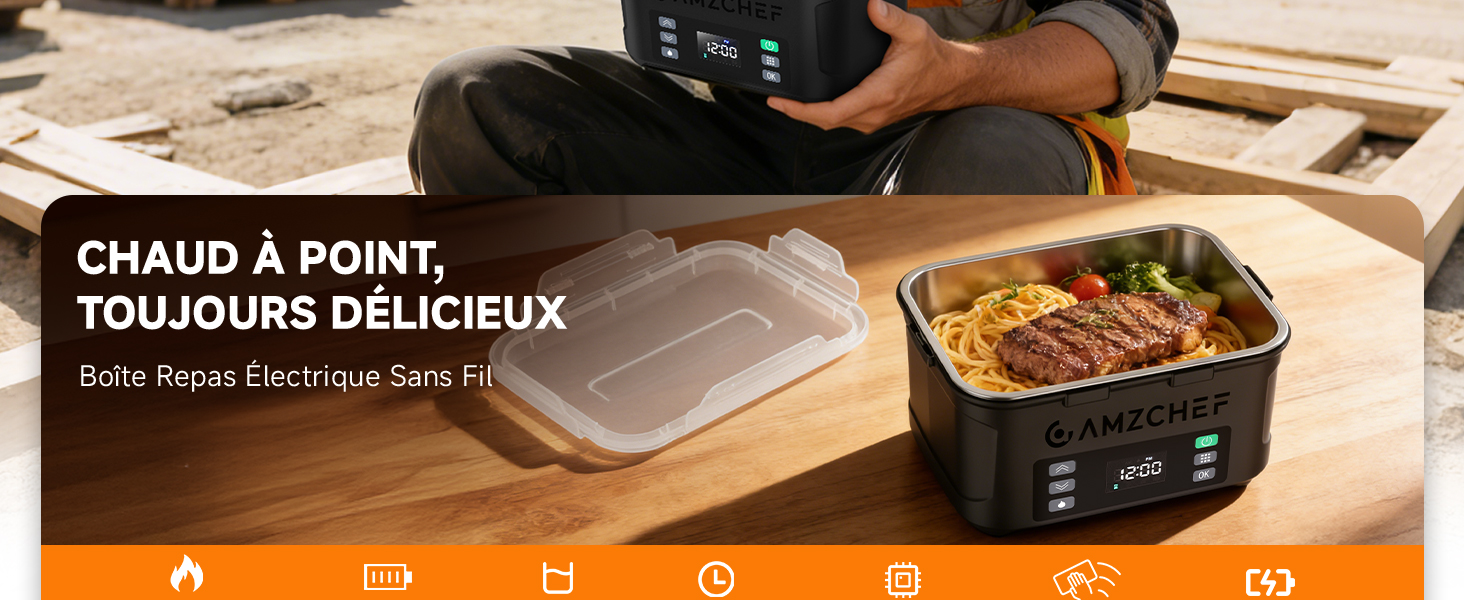Le texte indique « CHAUD À POINT TOUJOURS DÉLICIEUX » et « Keep Warm ». Multicuiseur noir avec couvercle en verre affichant les aliments cuits à l'intérieur ; bande décorative orange avec des icônes de produits en bas.