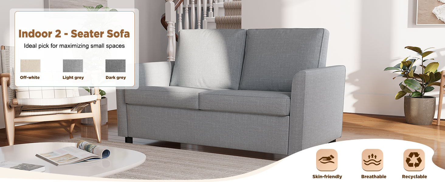 Text reads 'Indoor 2-Seater sofa'. Collage showing gray modern sofa in living room setting from multiple angles, featuring clean lines and comfortable cushioning.