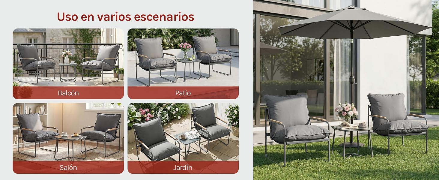 El texto dice «Uso en varios escenarios». A la izquierda se muestran cuatro escenarios de uso del producto; a la derecha, una pérgola exterior con sombra que cubre los muebles de jardín.