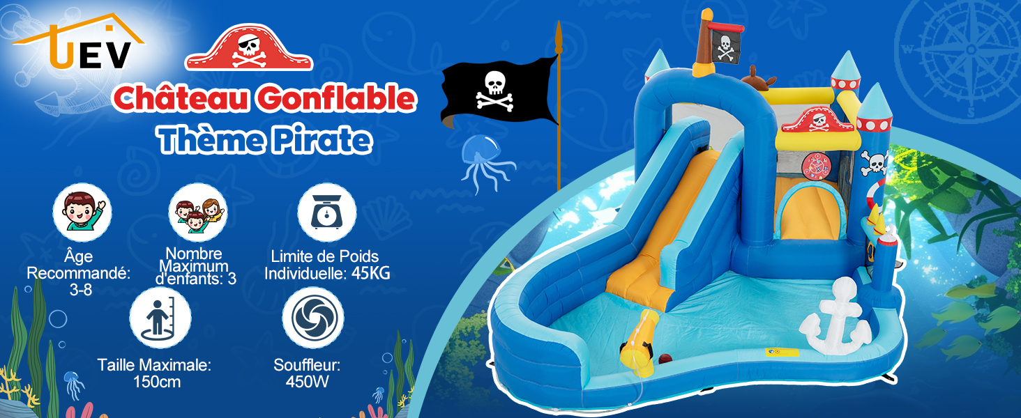 Le texte indique « LEY ». Publicité d'un parc aquatique gonflable montrant des toboggans bleus et des structures de jeu avec des icônes d'activité indiquant les caractéristiques et les consignes de sécurité.