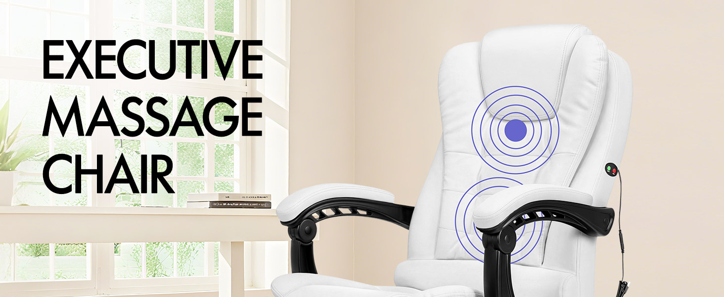 Text reads "EXECUTIVE MASSAGE CHAIR". White massage chair with black armrests and control panel, featuring circular blue massage element pattern on seat back.