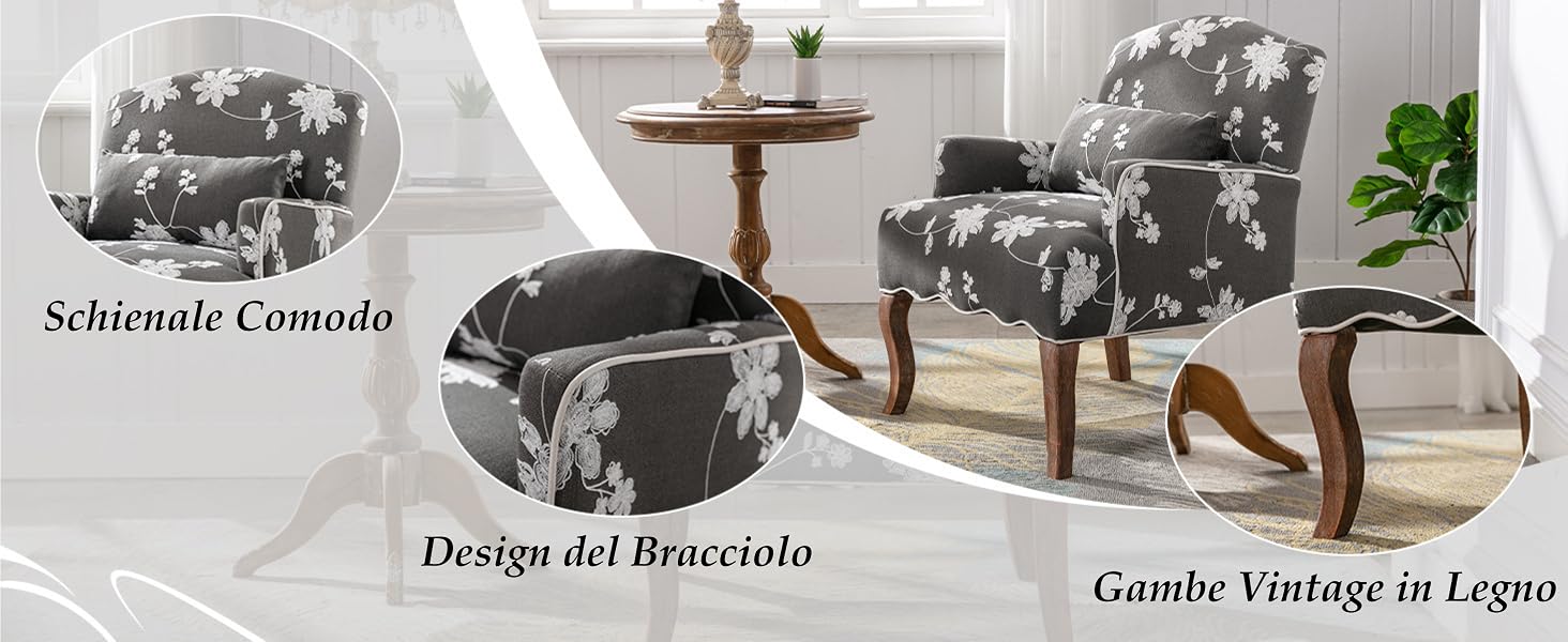 Poltrone floreali grigie con gambe in legno in un salotto. L'immagine centrale mostra i dettagli della sedia, con inserti che evidenziano il design del bracciolo e le