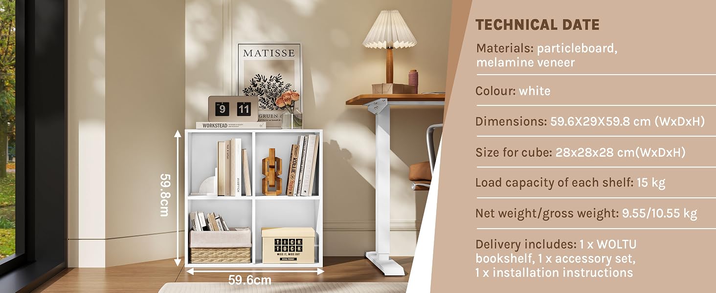 White modular storage shelf unit with books and decorative items, featuring wooden wall-mounted shelf above. Technical specifications panel visible in corner.