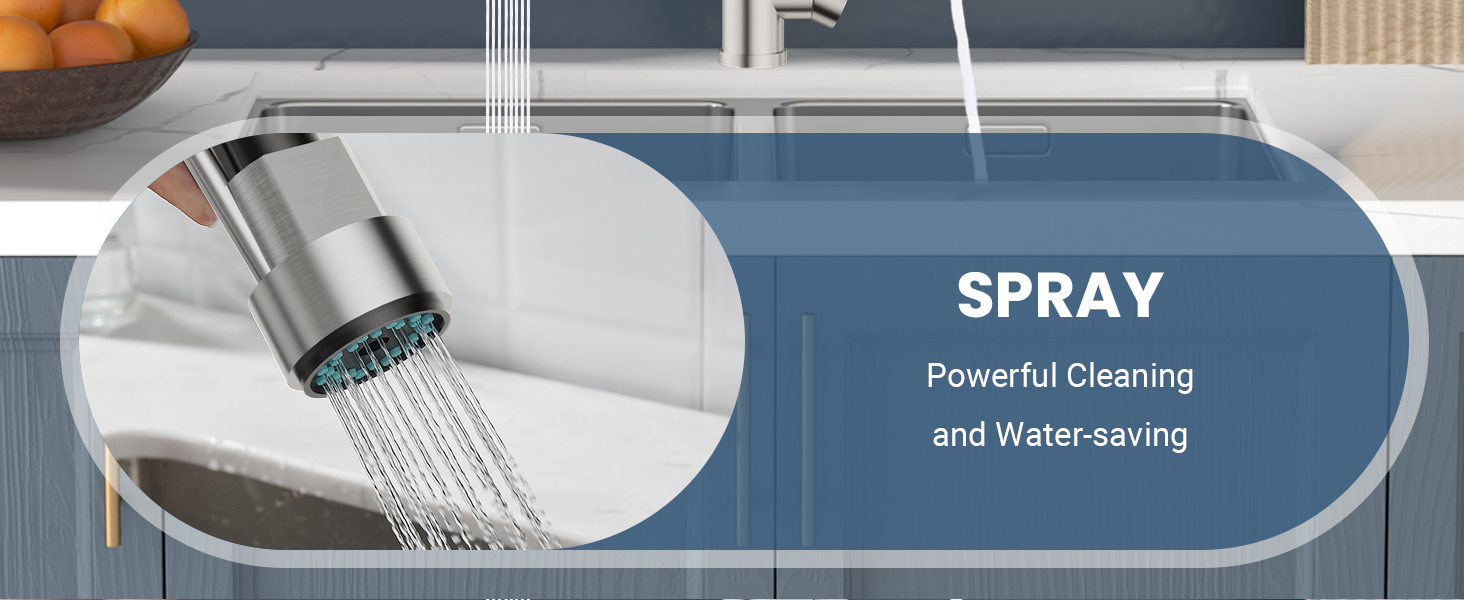 Kitchen faucet spray head demonstrating powerful cleaning and water-saving features. Shown in use over a blue sink.
