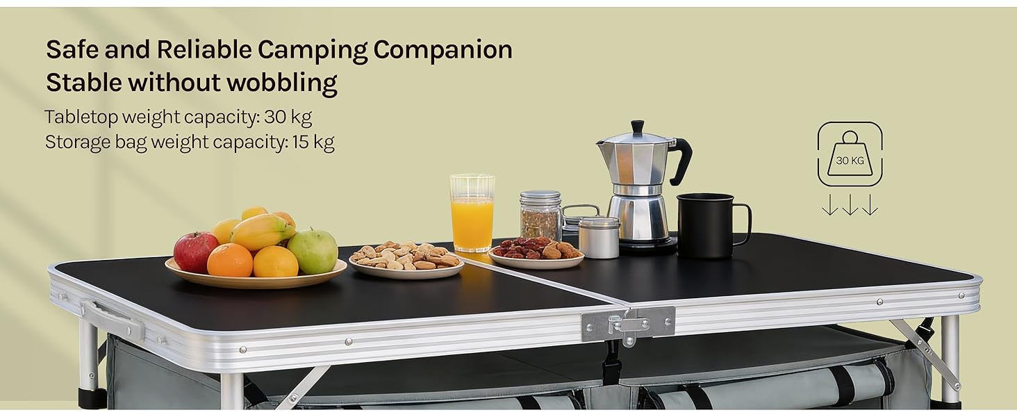 Text reads 'Safe and Reliable Camping Companion Stable without wobbling'. Product image shows portable camping table setup with coffee pot and fruits, demonstrating outdoor use.