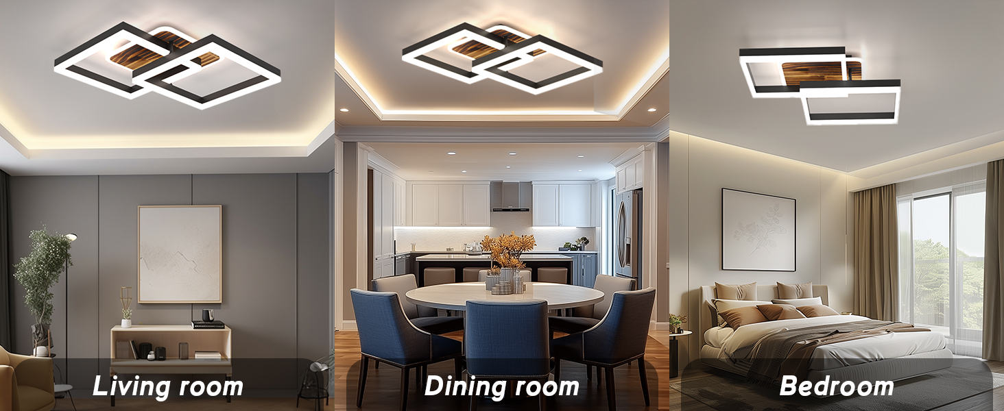 Moderne geometrische LED-Deckenleuchten in drei Raumeinstellungen: Wohnzimmer, Esszimmer und Schlafzimmer. Die Leuchten zeichnen sich durch überlappende rechteckige Designs mit Umgebungsbeleuchtung