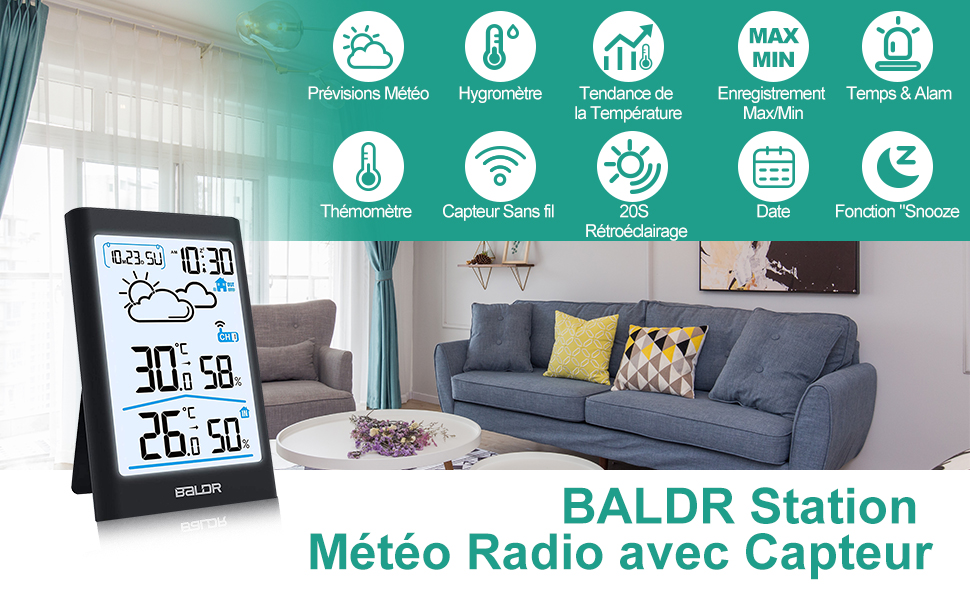 Station météo sans fil noire avec capteur extérieur