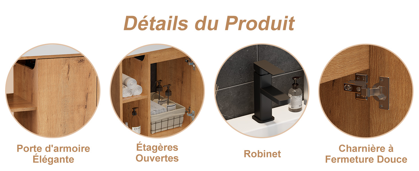 Le texte indique « Détails du produit ». Quatre icônes circulaires représentant le produit montrent les détails de la charnière de la porte et de la quincaillerie de montage dans des tons de bois et des finitions foncées.