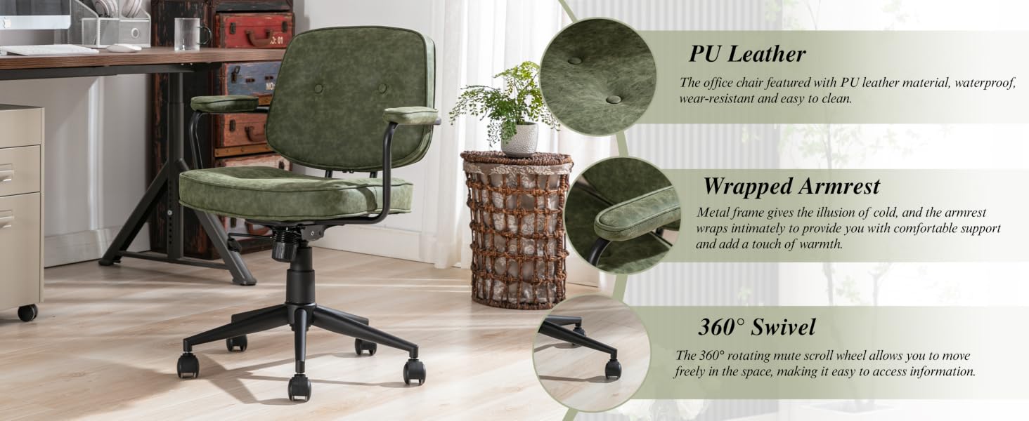 Green office chair with PU leather upholstery, wrapped armrests, and 360-degree swivel capability. Features highlighted in circular detail images. Chair shown in kitchen-office setting.
