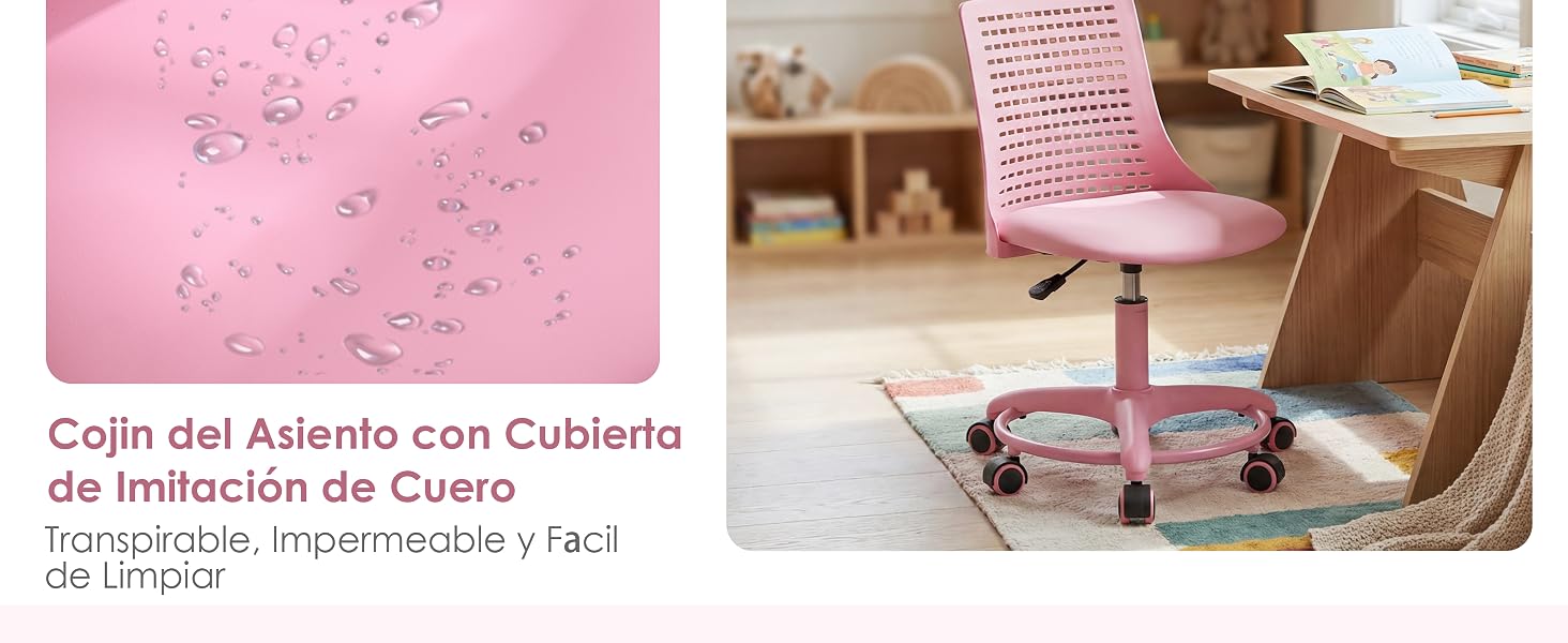 El texto dice «Cojín del Asiento con Cubierta». La funda de cojín de piel rosa y marrón se muestra desde varios ángulos con costuras decorativas.