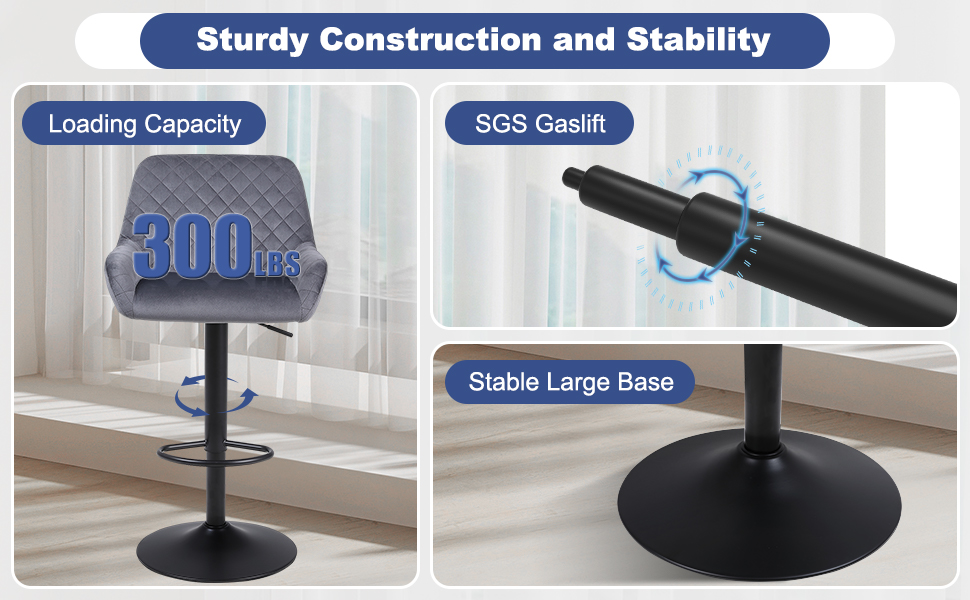 Adjustable bar stool featuring 300kg loading capacity, gas lift mechanism, and stable round base, shown in product demonstration panels.