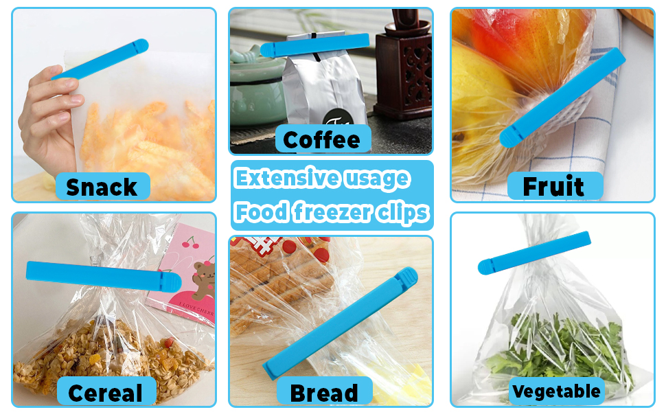 Text reads 'Snack', 'Coffee', 'Food freezer clips', 'Fruit', 'Cereal', 'Bread', 'Vegetable', 'Extensive usage'. Grid of images showing blue sealing clips being used to close various food storage bags.