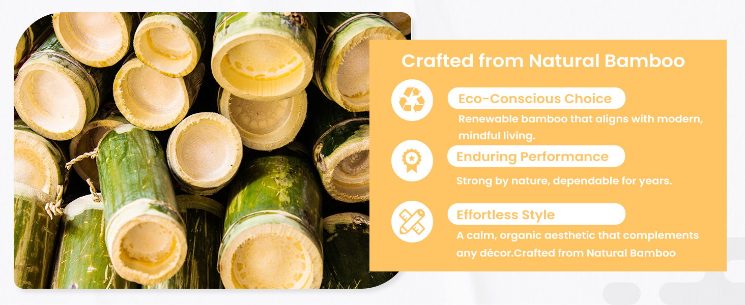 Text reads 'Crafted from Natural Bamboo', 'Eco-Conscious Choice', 'Durable &amp; Sustainable', 'Effortless Stain Resistance'. Overhead shot of natural bamboo cross-sections with orange informational banner detailing sustainable product features.