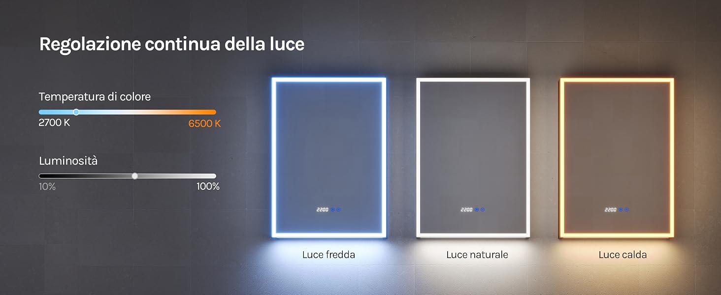 Il testo dice «Regolazione continua della luce», «tre opzioni di colore». Sfondo scuro con tre specchi rettangolari illuminati con finiture blu-bianche, bianche calde e dorate con i comandi di regolazione indicati.