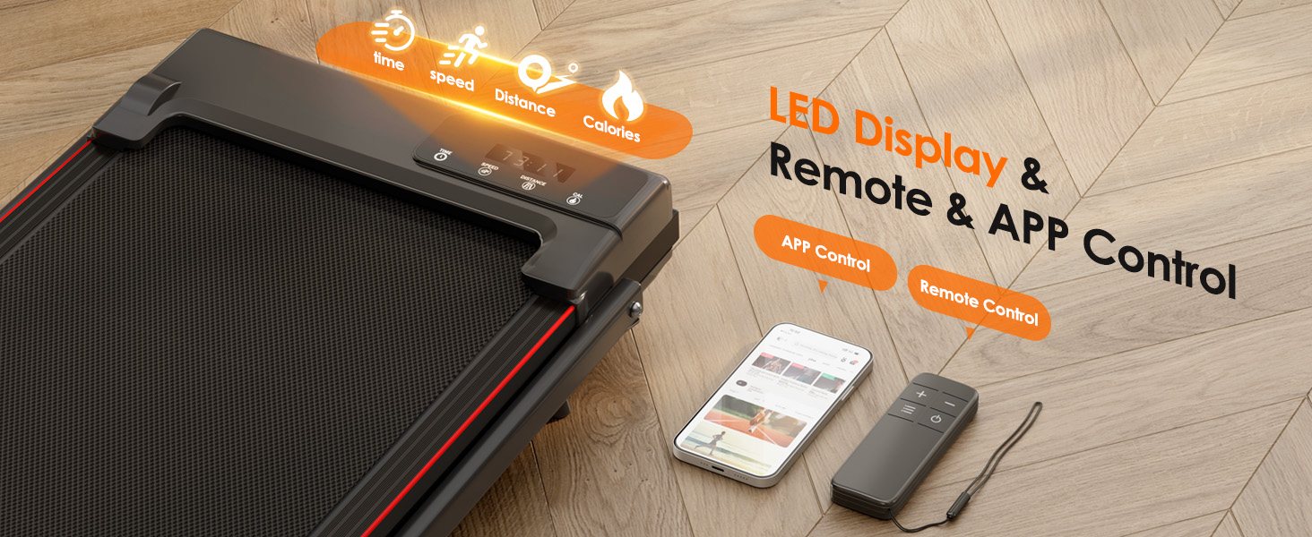Le texte indique « Affichage LED, télécommande et contrôle par application ». L'image du produit montre un appareil électronique noir avec télécommande et interface pour smartphone.