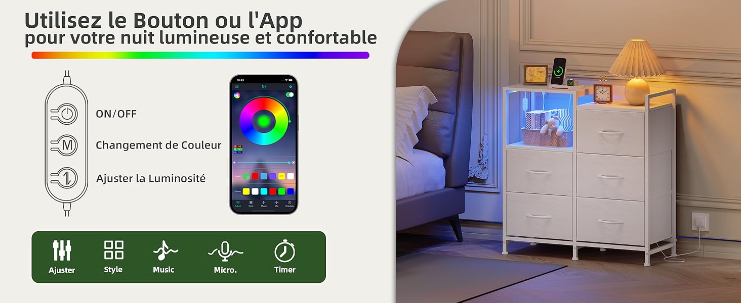 Le texte indique « Utilisez le Bouton ou l'App pour votre nuit lumineuse et confortable ». Interface de contrôle d'éclairage intelligente affichant un bouton et une application mobile avec roue chromatique RGB et démonstration de l'ambiance de la chambre.