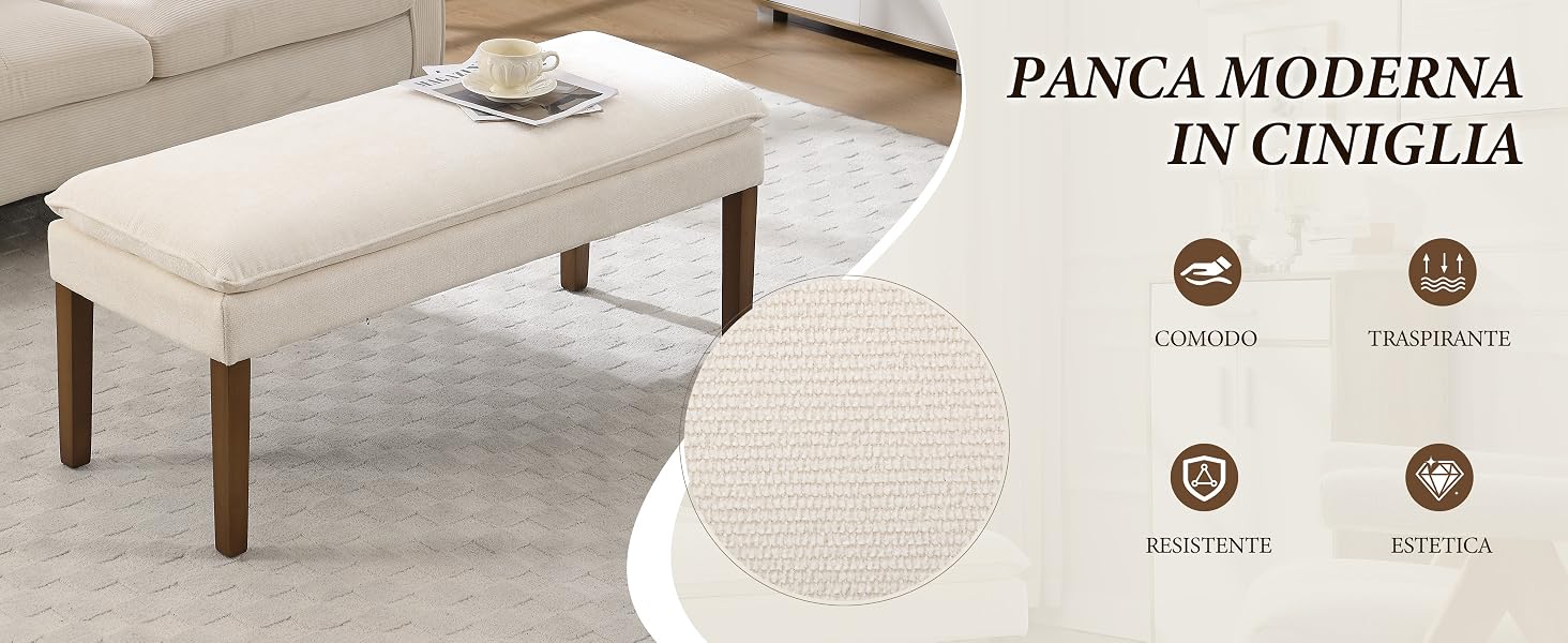 Il testo recita 'PANCA MODERNA IN CINIGLIA'. Panca o seduta moderna con rivestimento in tessuto raffigurato con quattro elementi di design circolari.