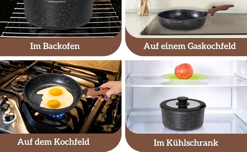 Mehrzweck-Kochgeschirr in verschiedenen Einstellungen: einen Kuchen backen, auf dem Herd, ein Ei braten und im Kühlschrank. Der Text weist auf Vielseitigkeit für viele Gelegenheiten