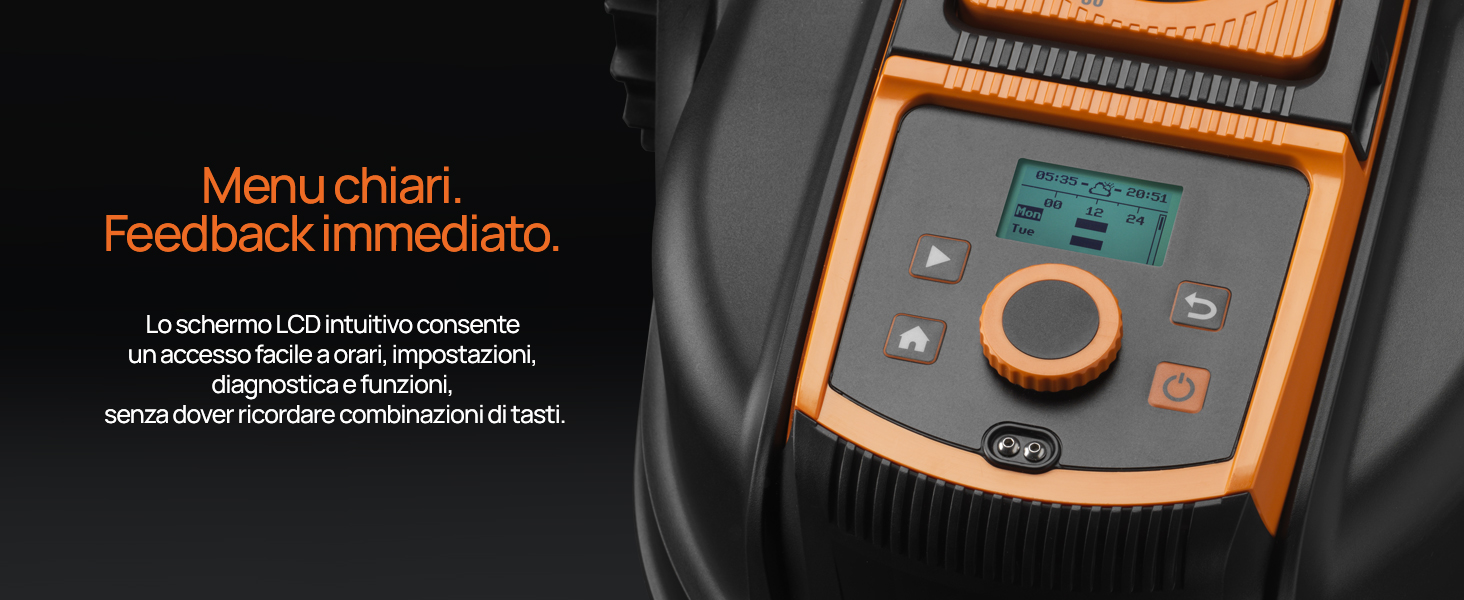 Il testo recita «Menu chiari, Feedback immediato». Primo piano dello schermo digitale con retroilluminazione arancione e interfaccia di controllo.