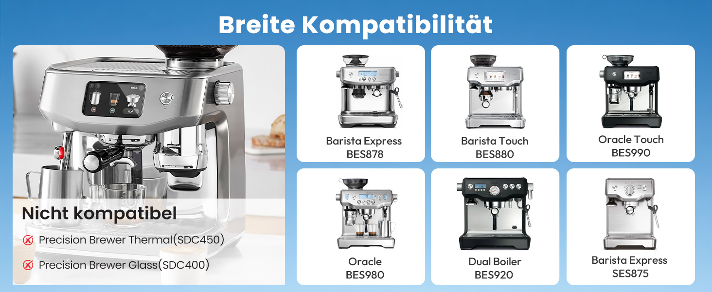 Der Text lautet „Breite Kompatibilität“, „Nicht kompatibel“. Das Diagramm zeigt die Kompatibilitätstabelle für Kaffeemaschinen mit mehreren Maschinenmodellen und deren Anschlüssen.