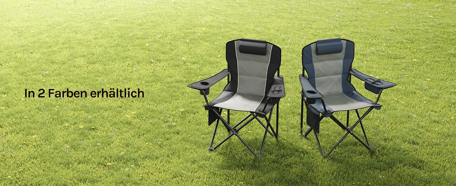 Der Text lautet „In 2 Farben erhältlich“. Zusammenklappbare Campingstühle auf grünem Rasen mit verschiedenen verfügbaren Farboptionen.