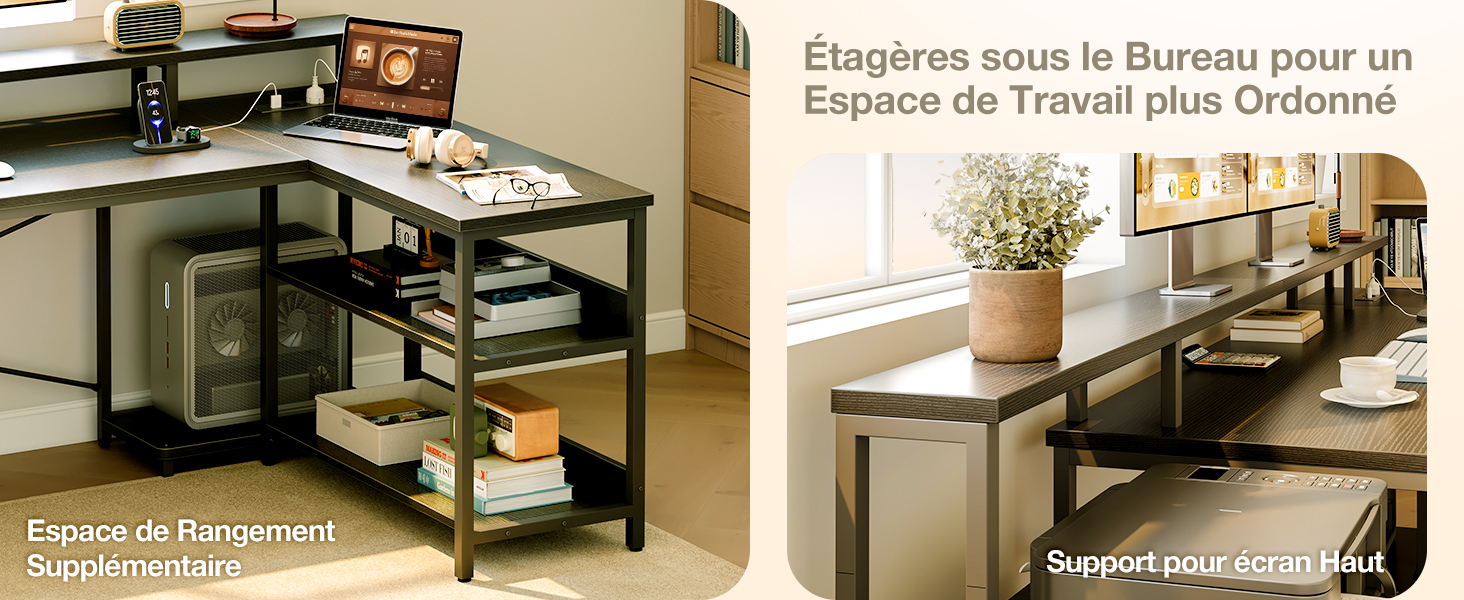 Le texte indique « Espace de rangement » et semble montrer des solutions de rangement dans un environnement de bureau avec de multiples configurations d'étagères et de bureaux.