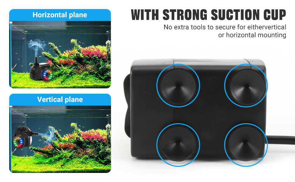 Device with four strong suction cups for mounting. Includes images showing horizontal and vertical plane usage in aquariums.