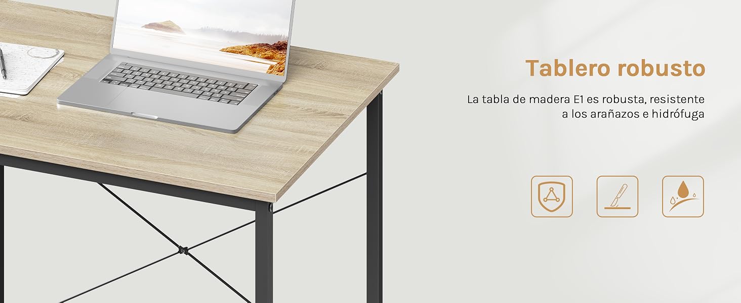 El texto dice «Tablero robusto». La imagen del producto muestra una superficie de escritorio o mesa de madera con marco de metal, con tres indicadores de iconos en la parte inferior