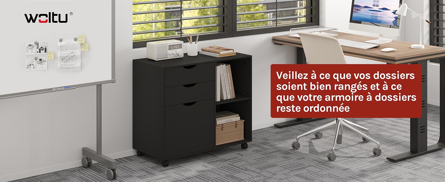 caisson bureau meuble rangement armoire 3 tiroirs 2 compartiments casiers ouverts 5 roulettes mobile