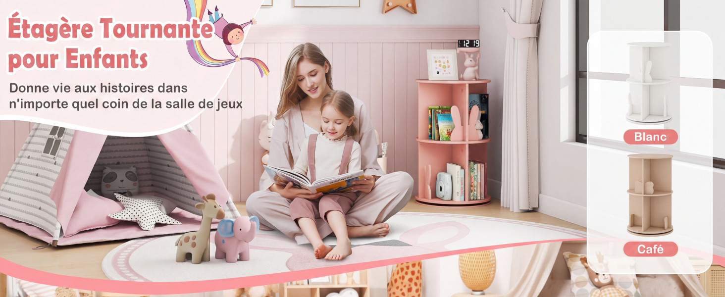 Le texte indique « Etogère Tournante » et « pour Enfants » avec un sous-titre sur le stockage. Femme assise sur un sol rose entourée de livres et de boîtes de rangement dans une chambre d'enfant lumineuse avec étagères.