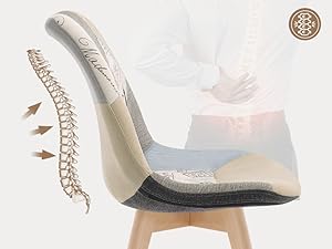 Cuscino ergonomico per sedia con supporto per la colonna vertebrale. Colore beige, forma sagomata. Il grafico mostra l'allineamento con la colonna vertebrale umana per il miglioramento della postura