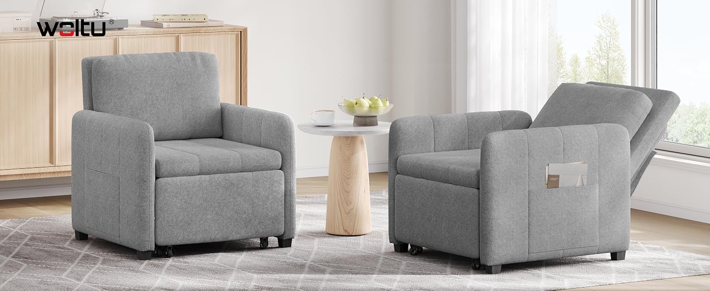 El texto dice «WORU». Serie de imágenes que muestran un sofá moderno tapizado en gris o seccional en varios ángulos, lo que demuestra su diseño modular y su cómoda configuración de asientos.