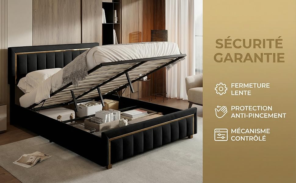 Le texte indique « SÉCURITÉ » et « GARANTIE ». Plusieurs images côte à côte montrant les caractéristiques de sécurité de la maison, notamment le contrôle de la température et les icônes de protection anti-intrusion.