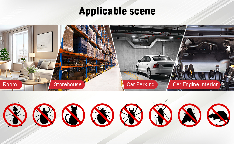 Image composite montrant quatre scènes différentes : une pièce, un entrepôt, un parking et un moteur de voiture. Vous trouverez ci-dessous des icônes représentant divers ravageurs barrés.
