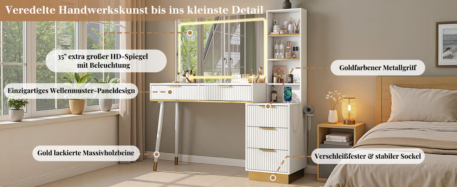 Vitrine für Innenarchitektur mit mehreren Paneelen, die moderne Wohnräume mit weißen Möbeln und Fenstern zeigen. Enthält Sprechblasen-Textüberlagerungen in scheinbar deutscher Sprache.
