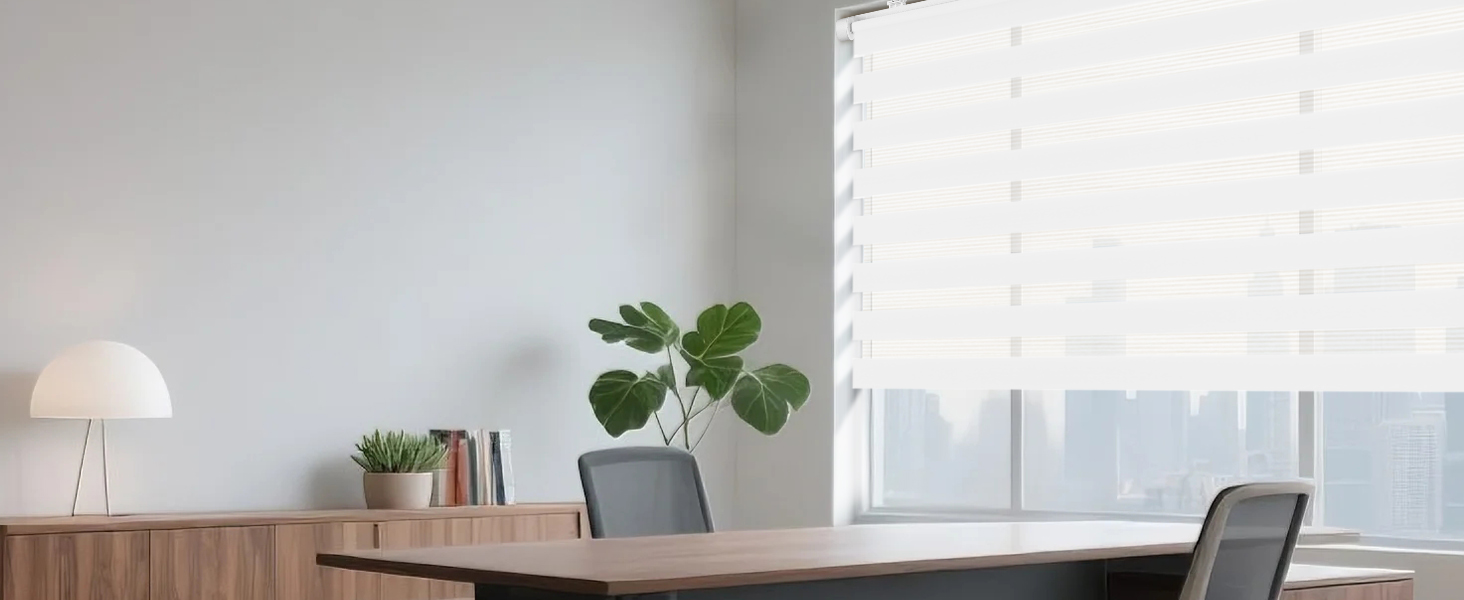 Intérieur de bureau ou d'espace de vie minimaliste moderne avec des murs blancs, de grandes fenêtres, des plantes d'intérieur et des arrangements de mobilier contemporains présentés sous plusieurs angles.