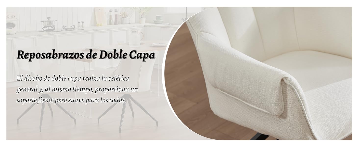 El texto dice «Reposabrazos de Doble Capa». Vista de cerca del sillón de color beige que muestra la construcción detallada de los reposabrazos en capas.