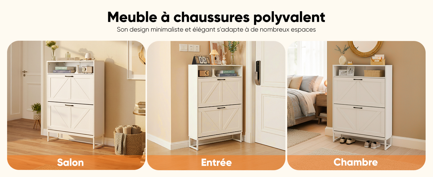 Le texte indique « Meuble à chaussures polyvalent ». Trois images montrant un meuble de rangement à chaussures blanc dans différents espaces, étiqueté « Salon », « Entrée », « Chambre ».