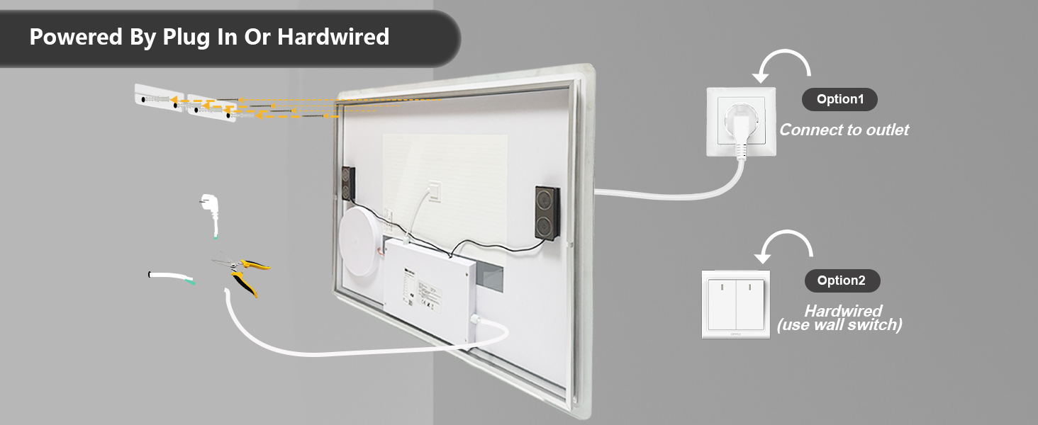 Il testo dice «Alimentato da Plug It Or Hardwired». Diagramma tecnico che mostra le opzioni di montaggio della TV e di connessione di alimentazione con componenti e prese etichettati.