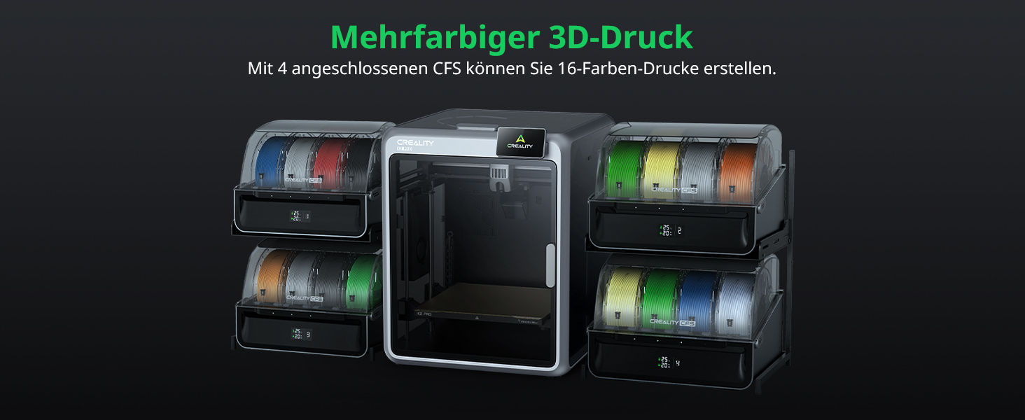 Der Text lautet: „Mehrfarbiger 3D-Druck“. Abgebildet sind professionelle 3D-Druckgeräte mit mehreren Farbpatronen oder Filamentoptionen.