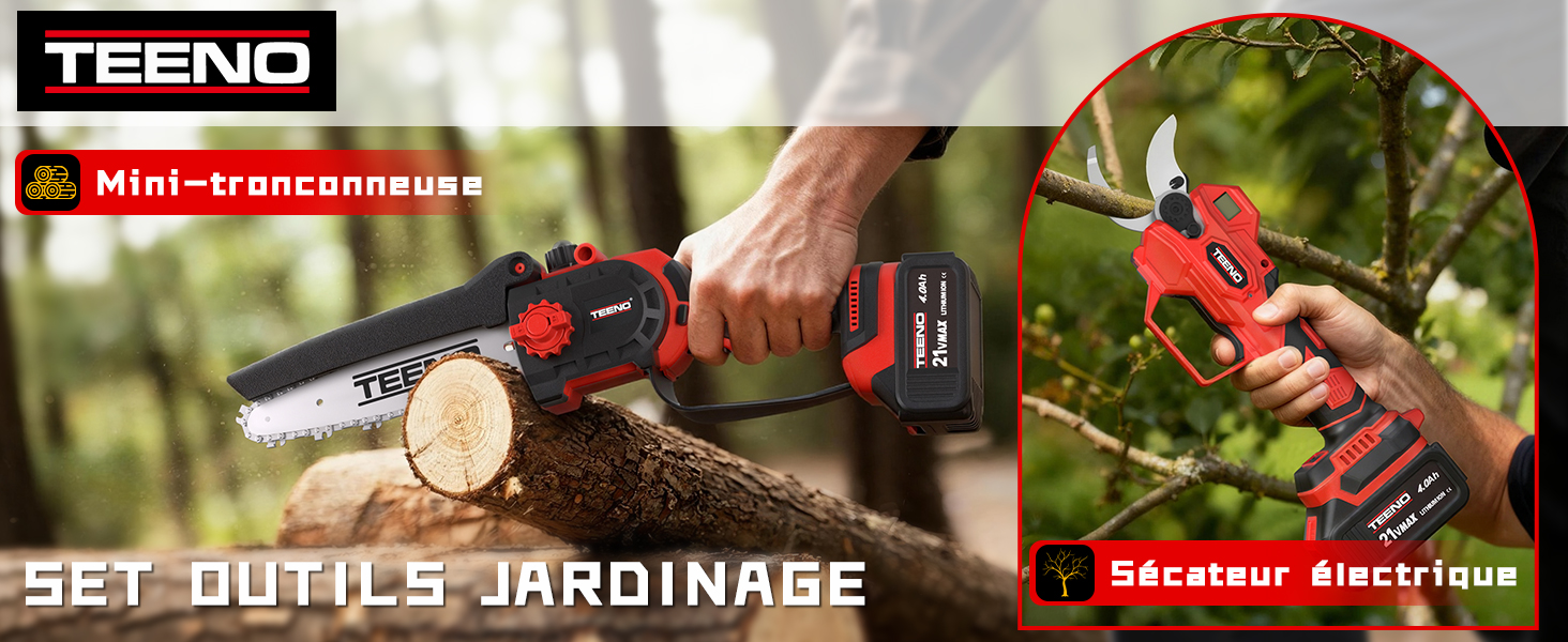 Le texte indique « TEENO SET OUTILS JARDINAGE ». Collection de photos d'outils de jardinage montrant divers outils utilisés à l'extérieur.
