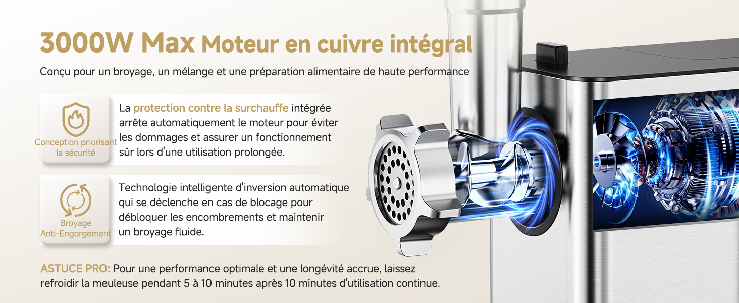 Illustration d'un moteur électrique de 3 000 W avec des composants en cuivre. Les caractéristiques incluent la protection contre la surchauffe, la technologie d'onduleur intelligent et l'efficacité énergétique. Le texte suggère un préchauffage de 15 minutes pour des performances optimales.