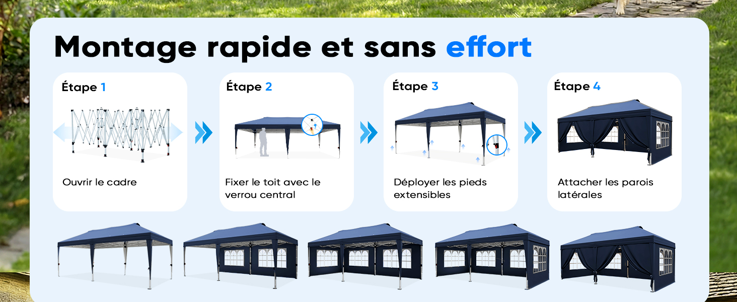 Le texte se lit comme suit : « Montage rapide et sans effort ». Schéma séquentiel montrant les étapes d'assemblage d'un auvent extérieur ou d'une structure de belvédère de couleur foncée, avec plusieurs cadres illustrant le processus d'installation.