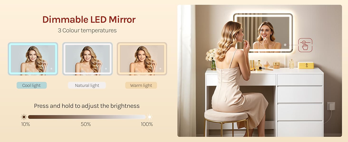 Text reads 'Dimmable LED Mirror'. Three lighting mode options shown (warm/cool/natural), with bedroom vanity mirror setup featuring illuminated frame and white drawers.