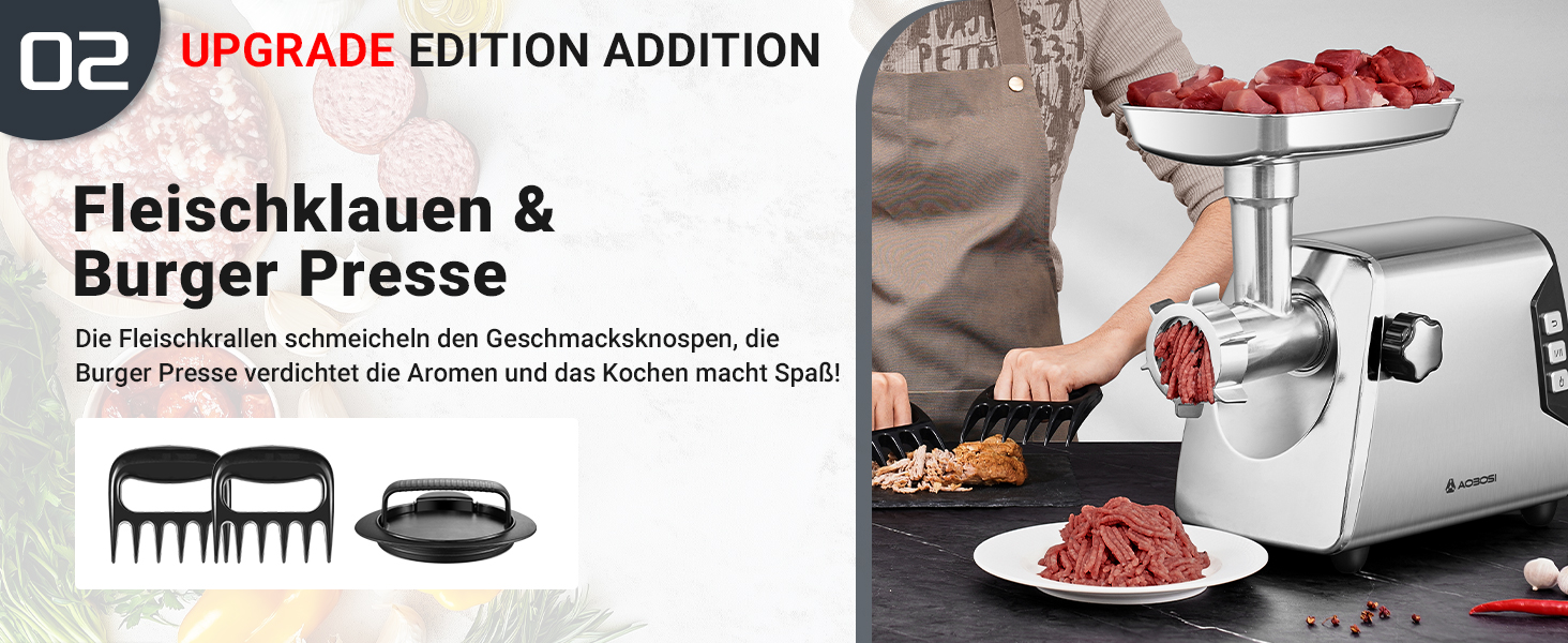 Fleischwolf und Burgerpresse aus Edelstahl mit sichtbarem Hackfleisch im Display. Abgebildetes Produkt mit Funktionen der Upgrade-Edition.