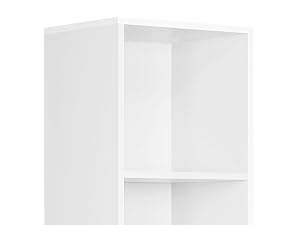White vertical storage unit with multiple rectangular compartments, featuring clean lines and minimalist design against white background.