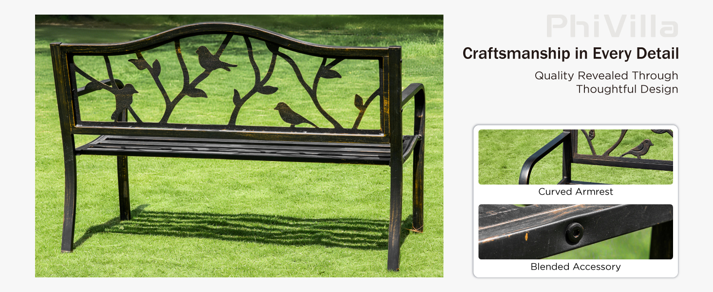 Text reads 'Comfortablely in Every Detail'. Multiple views of a dark metal outdoor bench or garden furniture in a green landscape setting.