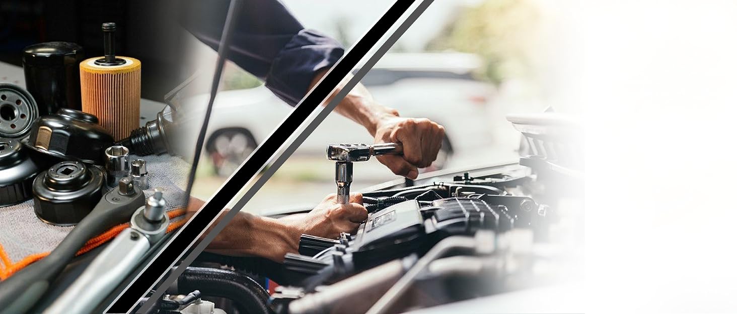 Hands working on car engine maintenance, with oil filter and mechanical components visible in an automotive repair setting.