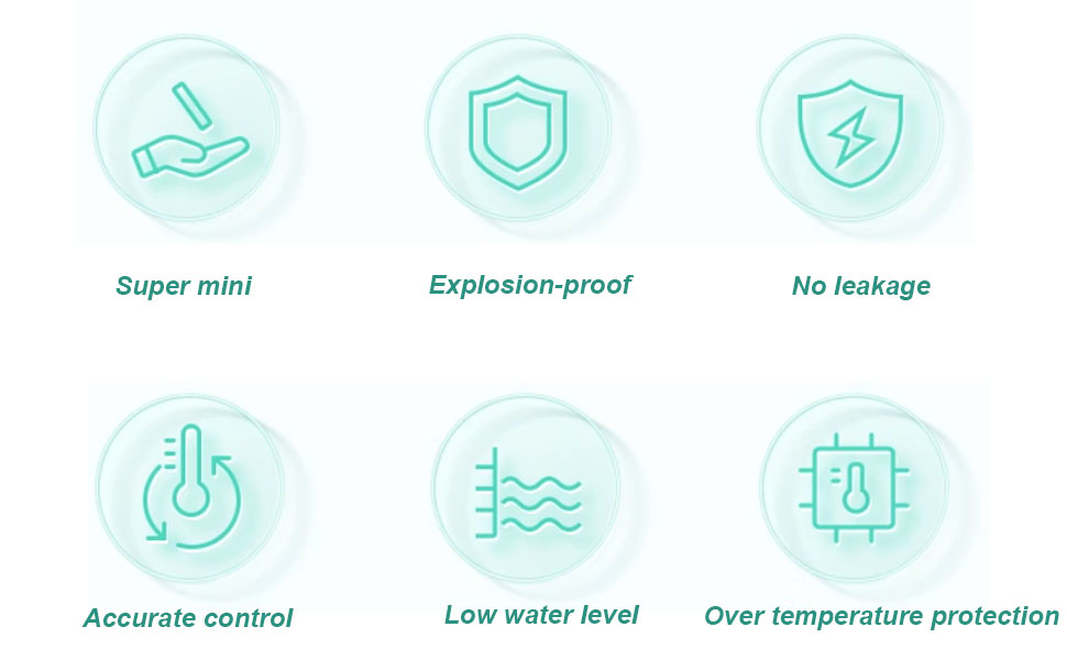 Six icons representing product features: super mini, explosion-proof, no leakage, accurate control, low water level, and over temperature protection.