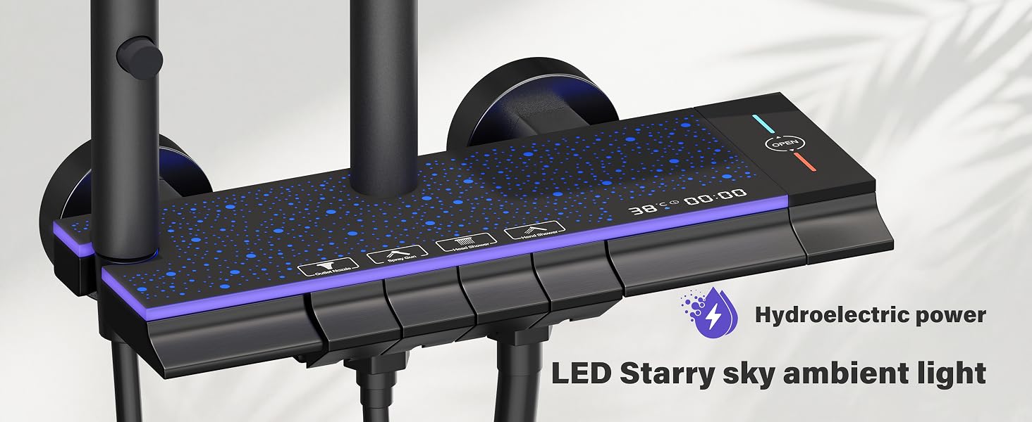 Il testo recita «Luce ambientale a LED del cielo stellato» e «Energia idroelettrica». Testa di aspirazione nera con striscia luminosa a LED viola lungo la base.